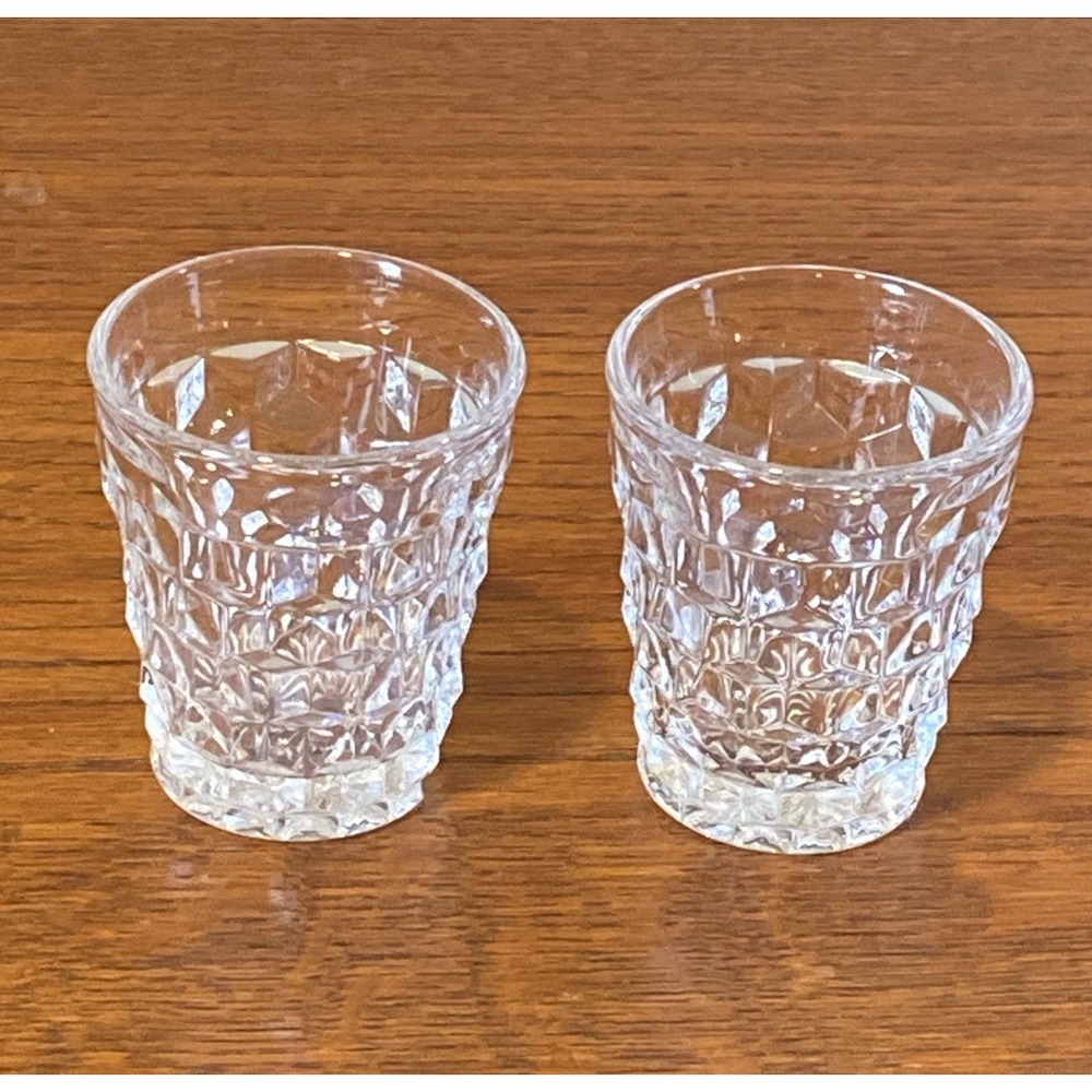 Fostoria American Clear Pair 2 Shot Whiskey Glasses 2 Ounce Cube Pattern EUC